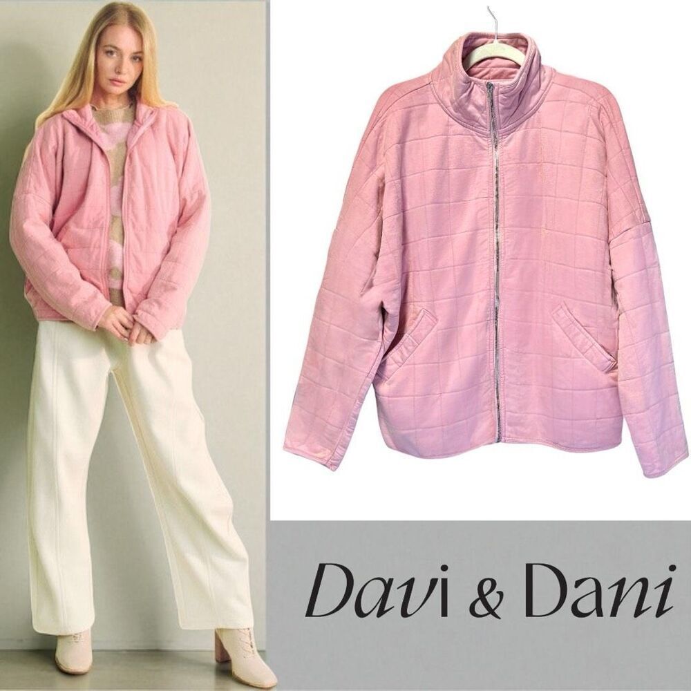 Dusty Rose Pink Quilted Zip Up Dropped Shoulder Jacket Large NEW - Davi & Dani